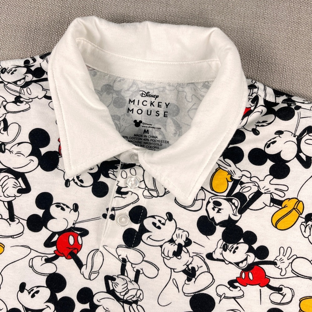 Disney Mickey Mouse Polo Shirt Mens Medium White All Over Print Short Sleeve